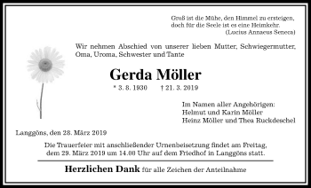 Traueranzeige von Gerda Möller von Giessener Allgemeine, Alsfelder Allgemeine