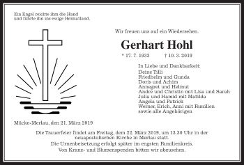 Traueranzeige von Gerhart Hohl von Alsfelder Allgemeine, Mücker Stimme