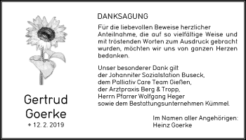 Traueranzeige von Gertrud Goerke von Giessener Allgemeine, Alsfelder Allgemeine