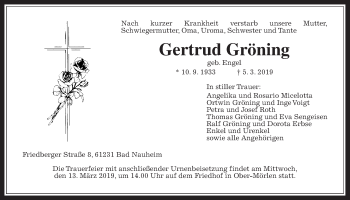 Traueranzeige von Gertrud Gröning von Wetterauer Zeitung