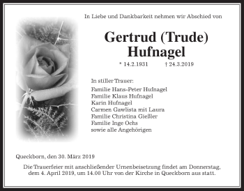 Traueranzeige von Gertrud Hufnagel von Giessener Allgemeine, Alsfelder Allgemeine