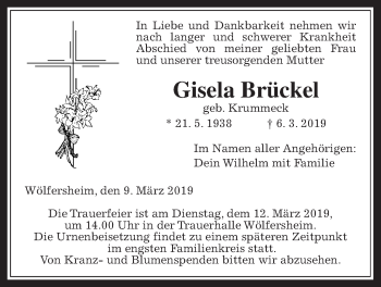 Traueranzeige von Gisela Brückel von Wetterauer Zeitung