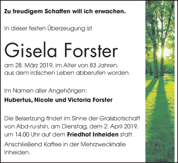 Traueranzeige von Gisela Forster von Giessener Allgemeine, Alsfelder Allgemeine