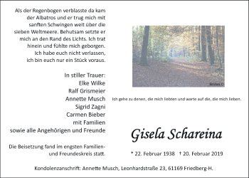 Traueranzeige von Gisela Schareina von Wetterauer Zeitung
