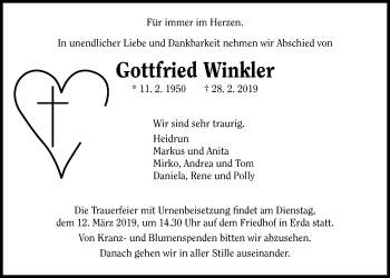 Traueranzeige von Gottfried Winkler von Giessener Allgemeine, Alsfelder Allgemeine