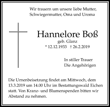 Traueranzeige von Hannelore Boß von Bad Vilbel/Karben