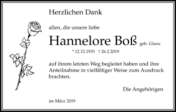 Traueranzeige von Hannelore Boß von Bad Vilbel/Karben