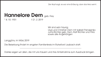 Traueranzeige von Hannelore Dern von Giessener Allgemeine, Alsfelder Allgemeine