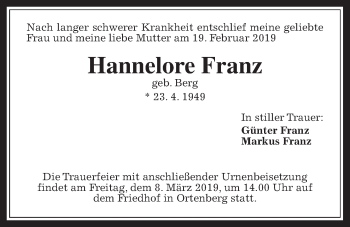 Traueranzeige von Hannelore Franz von Wetterauer Zeitung, Wetterauer Zeitung