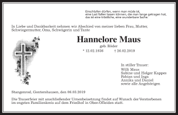 Traueranzeige von Hannelore Maus von Giessener Allgemeine, Alsfelder Allgemeine