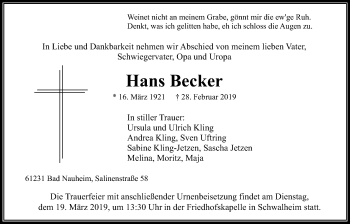 Traueranzeige von Hans Becker von Wetterauer Zeitung
