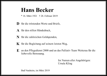 Traueranzeige von Hans Becker von Wetterauer Zeitung