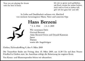 Traueranzeige von Hans Berzeni von Giessener Allgemeine, Alsfelder Allgemeine