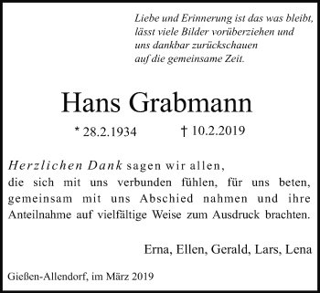 Traueranzeige von Hans Grabmann von Giessener Allgemeine, Alsfelder Allgemeine