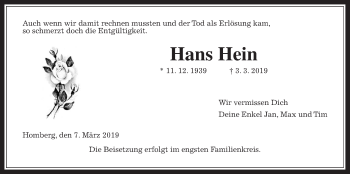Traueranzeige von Hans Hein von Alsfelder Allgemeine