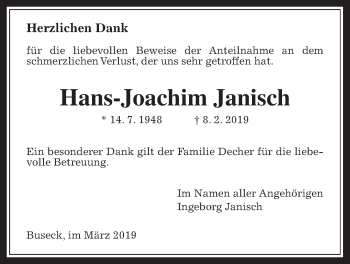 Traueranzeige von Hans-Joachim Janisch von Giessener Allgemeine, Alsfelder Allgemeine