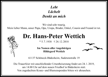 Traueranzeige von Hans-Peter Wettich von Bad Vilbel/Karben