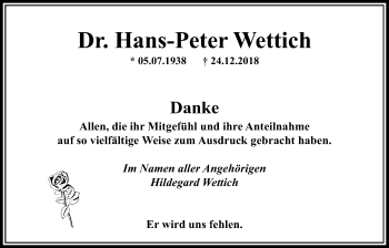 Traueranzeige von Hans-Peter Wettich von Bad Vilbel/Karben
