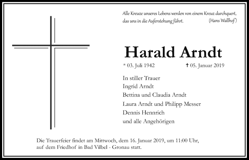  Traueranzeige für Harald Arndt vom 10.01.2019 aus Bad Vilbel/Karben