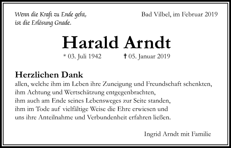  Traueranzeige für Harald Arndt vom 07.02.2019 aus Bad Vilbel/Karben