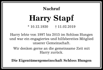 Traueranzeige von Harry Stapf von Licher Wochenblatt, Licher Wochenblatt, Licher Wochenblatt
