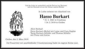 Traueranzeige von Hasso Burkart von Giessener Allgemeine, Alsfelder Allgemeine