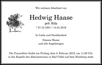 Traueranzeige von Hedwig Haase von Bad Vilbel/Karben