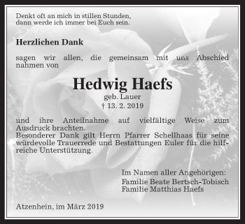 Traueranzeige von Hedwig Haefs von Mücker Stimme