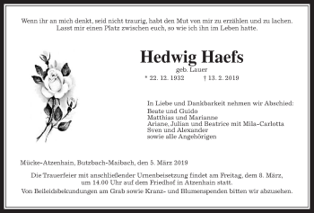 Traueranzeige von Hedwig Haefs von Giessener Allgemeine, Alsfelder Allgemeine