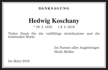 Traueranzeige von Hedwig Koschany von Wetterauer Zeitung