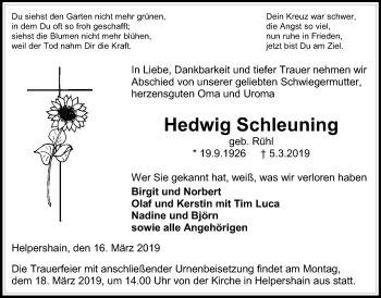 Traueranzeige von Hedwig Schleuning von Alsfelder Allgemeine