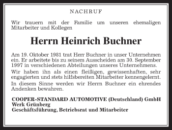 Traueranzeige von Heinrich Buchner von Giessener Allgemeine, Alsfelder Allgemeine