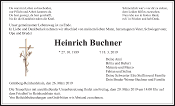 Traueranzeige von Heinrich Buchner von Giessener Allgemeine, Alsfelder Allgemeine
