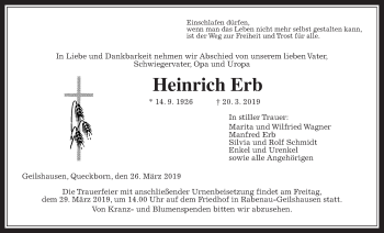 Traueranzeige von Heinrich Erb von Giessener Allgemeine, Alsfelder Allgemeine