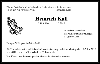 Traueranzeige von Heinrich Kall von Licher Wochenblatt