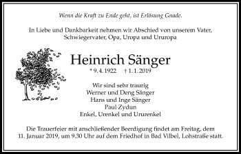 Traueranzeige von Heinrich Sänger von Bad Vilbel/Karben