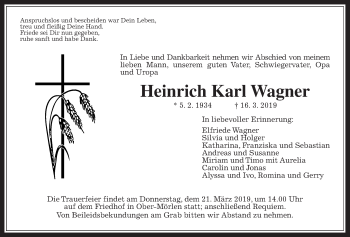 Traueranzeige von Heinrich Karl Wagner von Wetterauer Zeitung