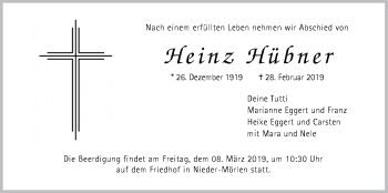 Traueranzeige von Heinz Hübner von Wetterauer Zeitung, Wetterauer Zeitung