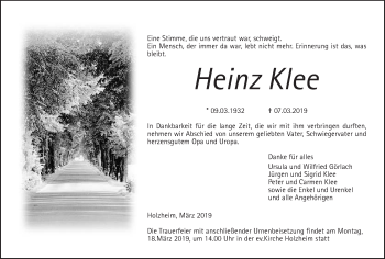 Traueranzeige von Heinz Klee von Giessener Allgemeine, Alsfelder Allgemeine
