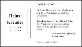 Traueranzeige von Heinz Kreuder von Giessener Allgemeine, Alsfelder Allgemeine