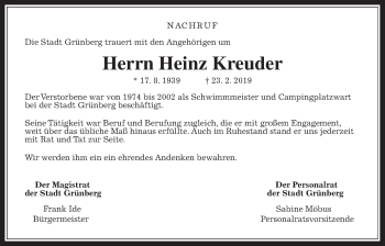Traueranzeige von Heinz Kreuder von Giessener Allgemeine, Alsfelder Allgemeine