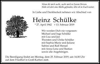 Traueranzeige von Heinz Schülke von Bad Vilbel/Karben