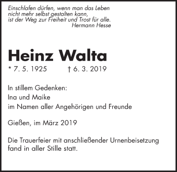 Traueranzeige von Heinz Walta von Giessener Allgemeine, Alsfelder Allgemeine