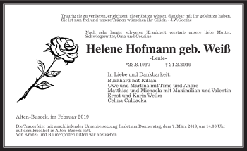 Traueranzeige von Helene Hofmann von Wetterauer Zeitung, Wetterauer Zeitung, Giessener Allgemeine, Alsfelder Allgemeine
