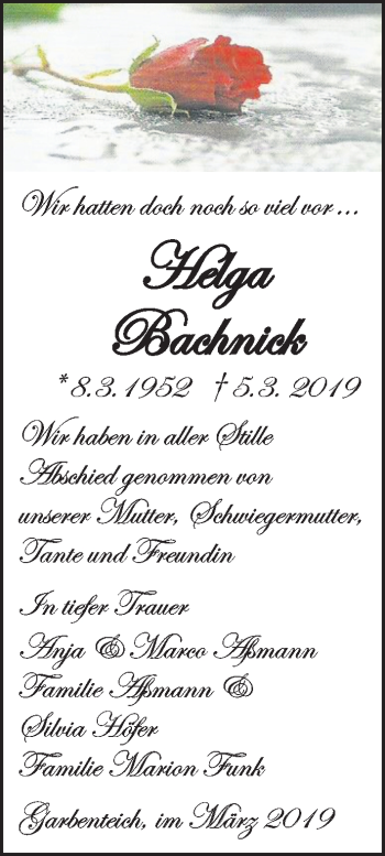 Traueranzeige von Helga Bachnick von Giessener Allgemeine, Alsfelder Allgemeine