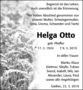 Traueranzeige von Helga Otto von Giessener Allgemeine, Alsfelder Allgemeine