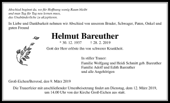 Traueranzeige von Helmut Bareuther von Giessener Allgemeine, Alsfelder Allgemeine