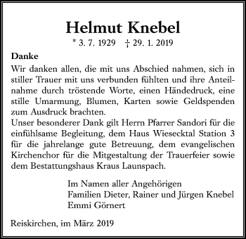 Traueranzeige von Helmut Knebel von Giessener Allgemeine, Alsfelder Allgemeine