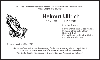Traueranzeige von Helmut Ullrich von Wetterauer Zeitung