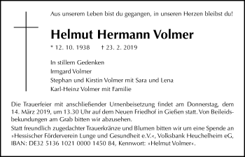 Traueranzeige von Helmut Hermann Volmer von Giessener Allgemeine, Alsfelder Allgemeine